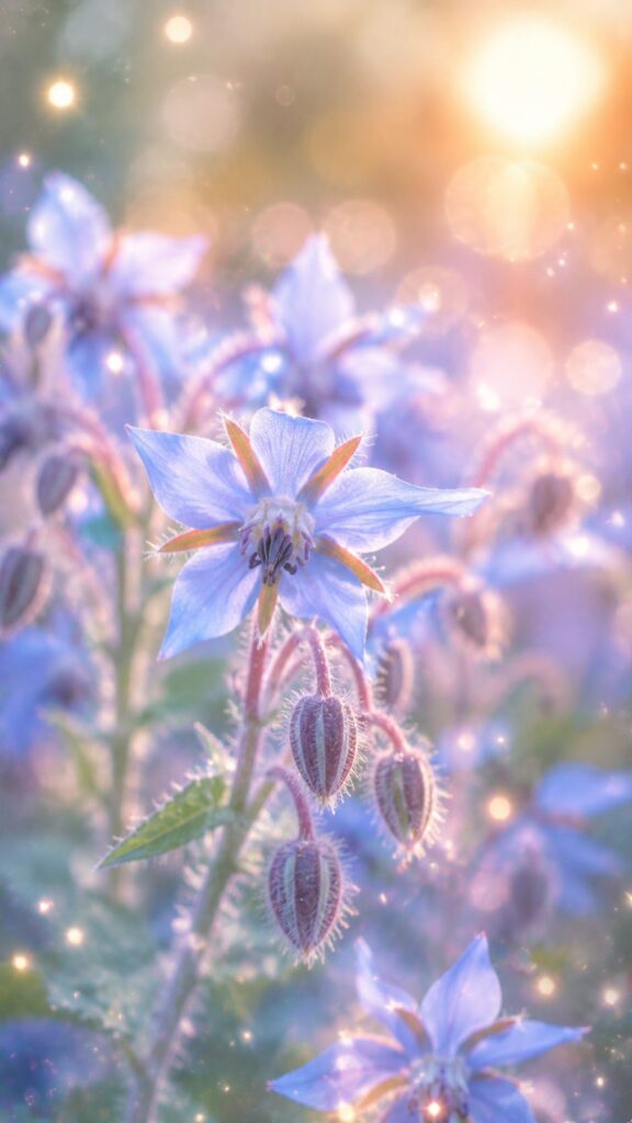 星のような形の青いボリジの花の接写とやわらかな光。勇気を呼び覚ますことを象徴する待受画像。