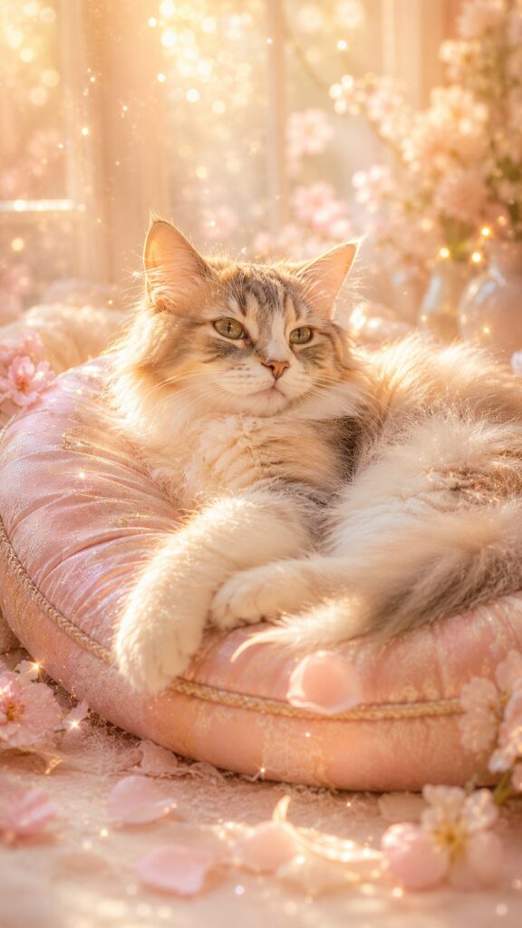 淡いピンクのクッションでくつろぐ猫と午後の金色の光・舞う花びらが優しく輝く幻想的なアート