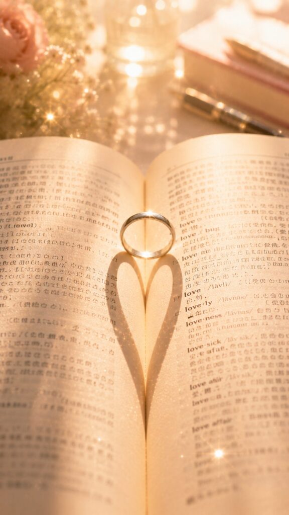 辞書の上に置かれた指輪がハートの影を作る懐かしい恋愛待受画像