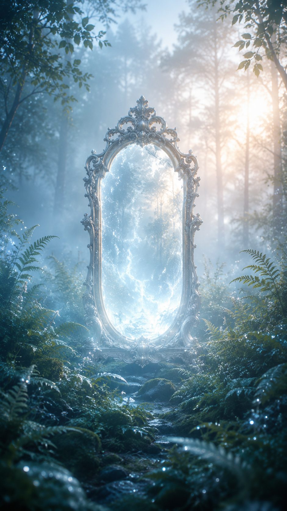 幻想的な古い銀の鏡が夜明けの光の中で輝き、鏡面に柔らかな白い光が揺れる待受画像