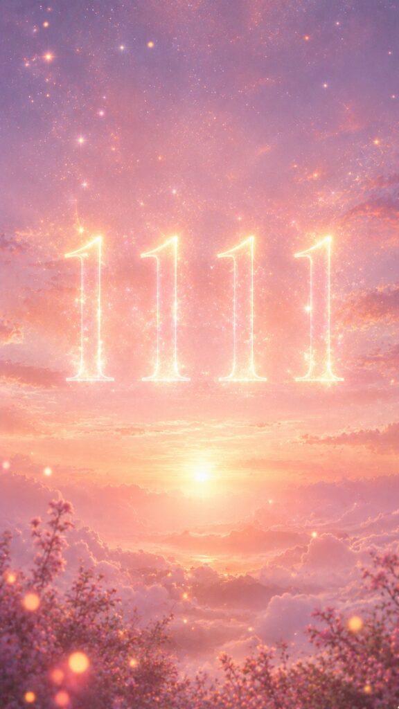 夜明けの空に明るく輝く数字1111と光の粒。願いが叶う奇跡の入口を告げる天使のサインの待受画像。