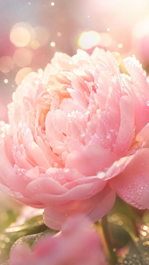 朝の光をまとい画面いっぱいに咲く淡いピンクの芍薬と花びらの露。凛と待つ心を象徴する冷却期間の待受画像。