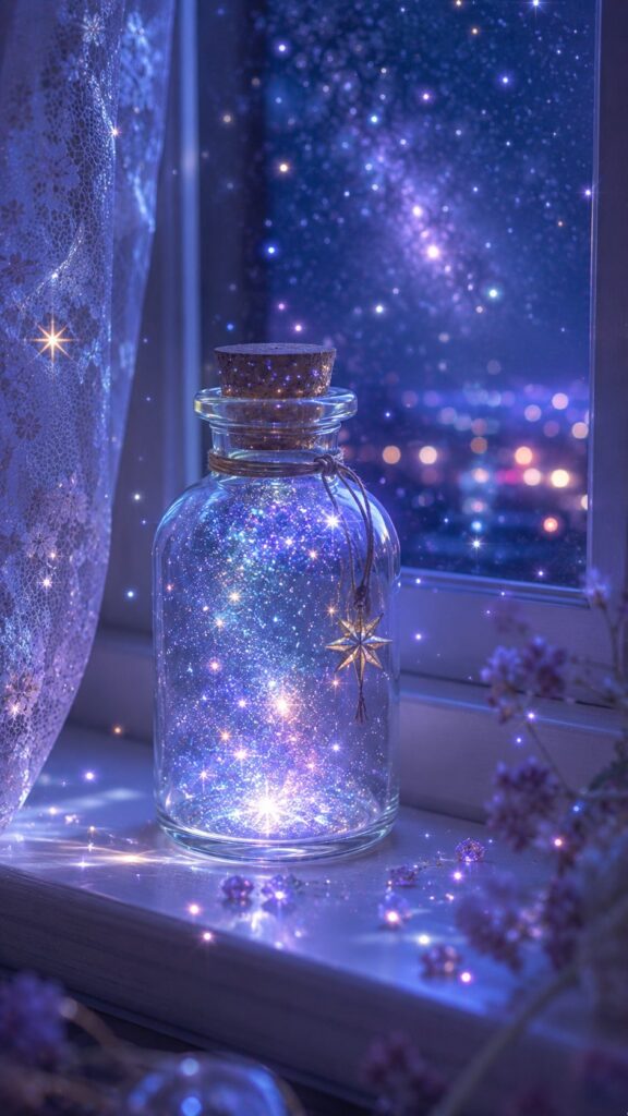 夜の窓辺で淡く光る星屑を閉じ込めたガラスの小瓶。願いを溜めて再会を待つ音信不通からの復縁の待受画像。