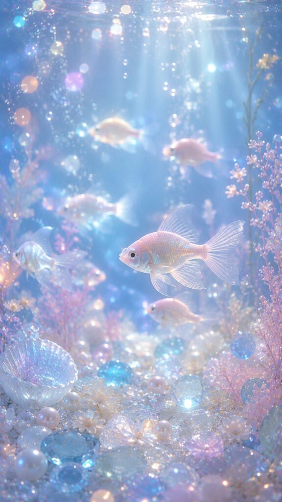 光る小魚が泳ぐ静かな水槽の安らぎ待受画像